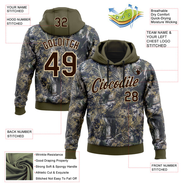 Custom Stitched Olive Brown-Cream 3D Pattern Design Tree Camo Hunting Sports Pullover Sweatshirt Salute To Service Hoodie