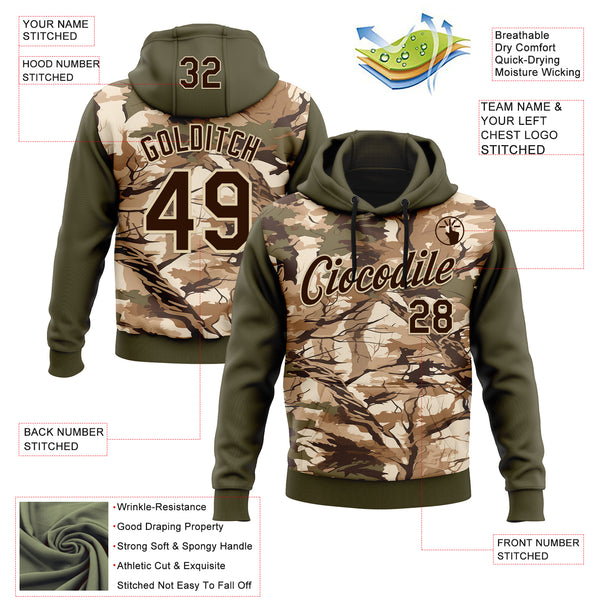 Custom Stitched Olive Brown-Cream 3D Pattern Design Tree Camo Hunting Sports Pullover Sweatshirt Salute To Service Hoodie