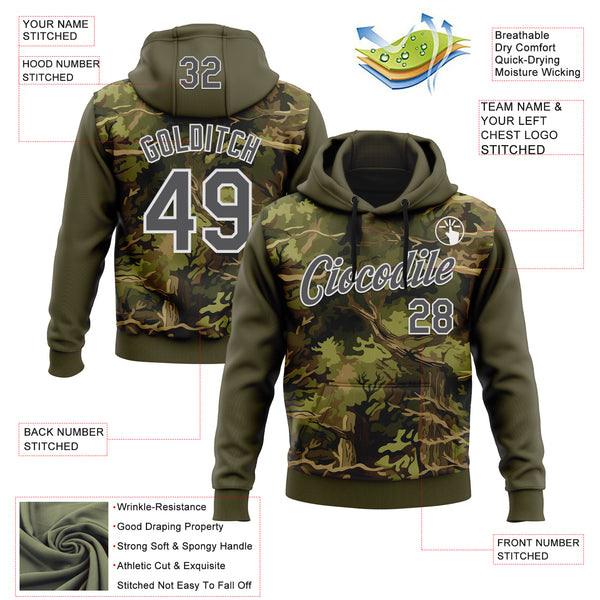 Custom Stitched Olive Steel Gray-White 3D Pattern Design Tree Camo Hunting Sports Pullover Sweatshirt Salute To Service Hoodie