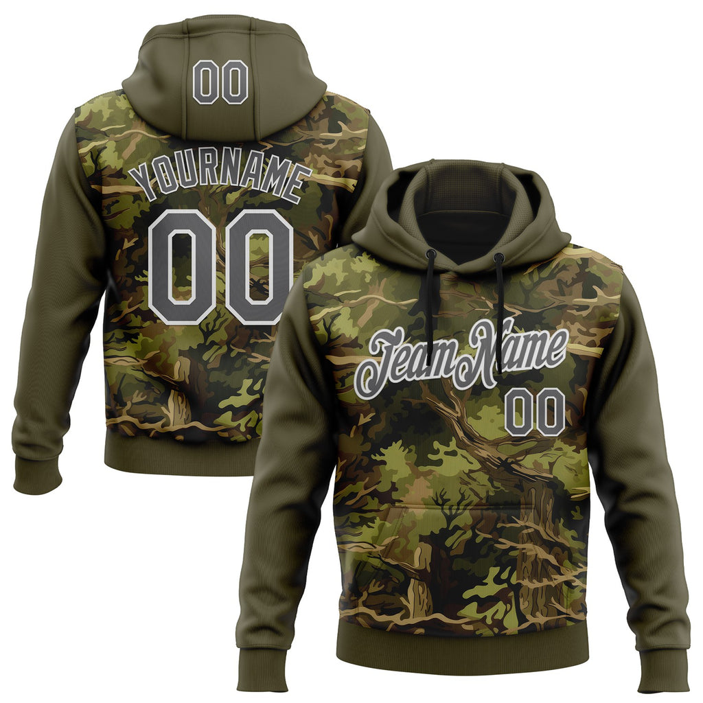 Custom Stitched Olive Steel Gray-White 3D Pattern Design Tree Camo Hunting Sports Pullover Sweatshirt Salute To Service Hoodie