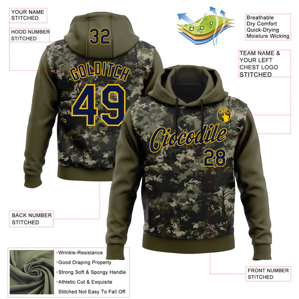 Custom Stitched Olive Navy-Yellow 3D Pattern Design Tree Camo Hunting Sports Pullover Sweatshirt Salute To Service Hoodie