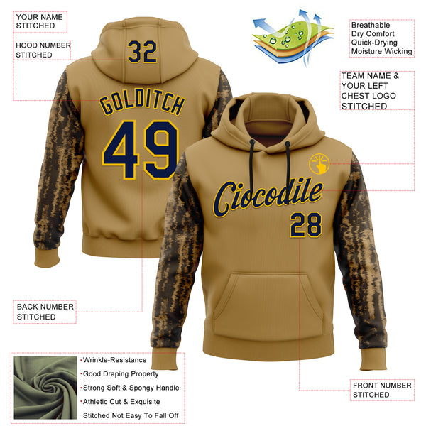 Custom Stitched Old Gold Navy-Yellow 3D Pattern Design Tree Camo Hunting Sports Pullover Sweatshirt Hoodie