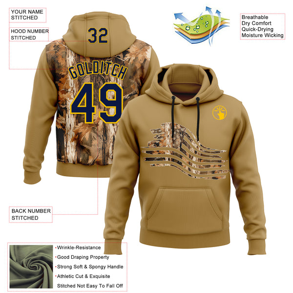 Custom Stitched Old Gold Navy-Yellow 3D Pattern Design Tree Camo American Flag Hunting Sports Pullover Sweatshirt Hoodie