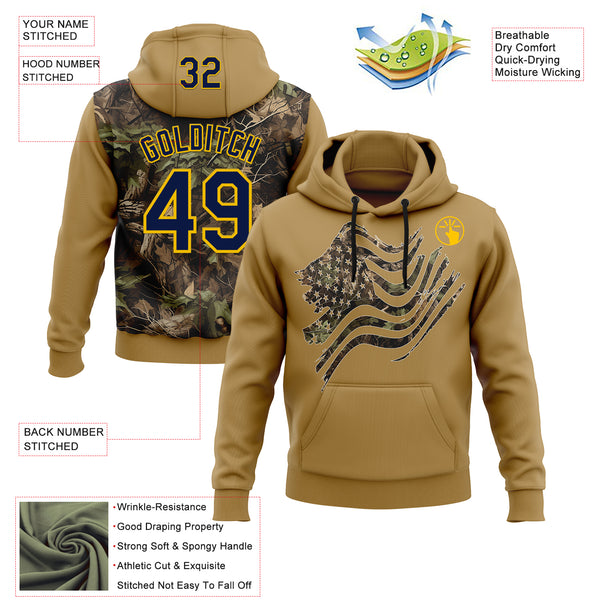 Custom Stitched Old Gold Navy-Yellow 3D Pattern Design Tree Camo American Flag Hunting Sports Pullover Sweatshirt Hoodie
