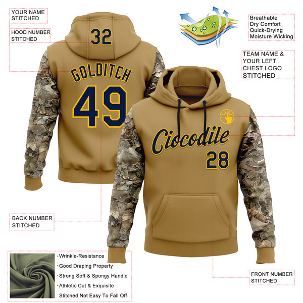 Custom Stitched Old Gold Navy-Yellow 3D Pattern Design Tree Camo Hunting Sports Pullover Sweatshirt Hoodie