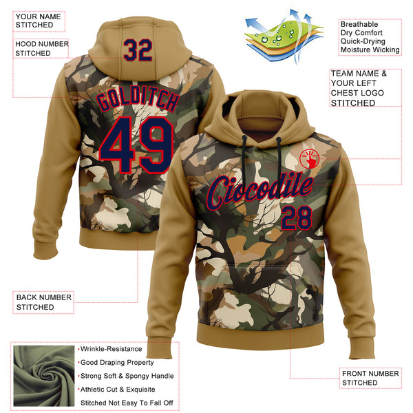 Custom Stitched Old Gold Navy-Fire Red 3D Pattern Design Tree Camo Hunting Sports Pullover Sweatshirt Hoodie