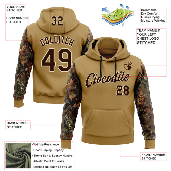 Custom Stitched Old Gold Brown-Cream 3D Pattern Design Tree Camo Hunting Sports Pullover Sweatshirt Hoodie