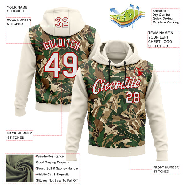 Custom Stitched Cream White-Red 3D Pattern Design Tree Camo Hunting Sports Pullover Sweatshirt Hoodie