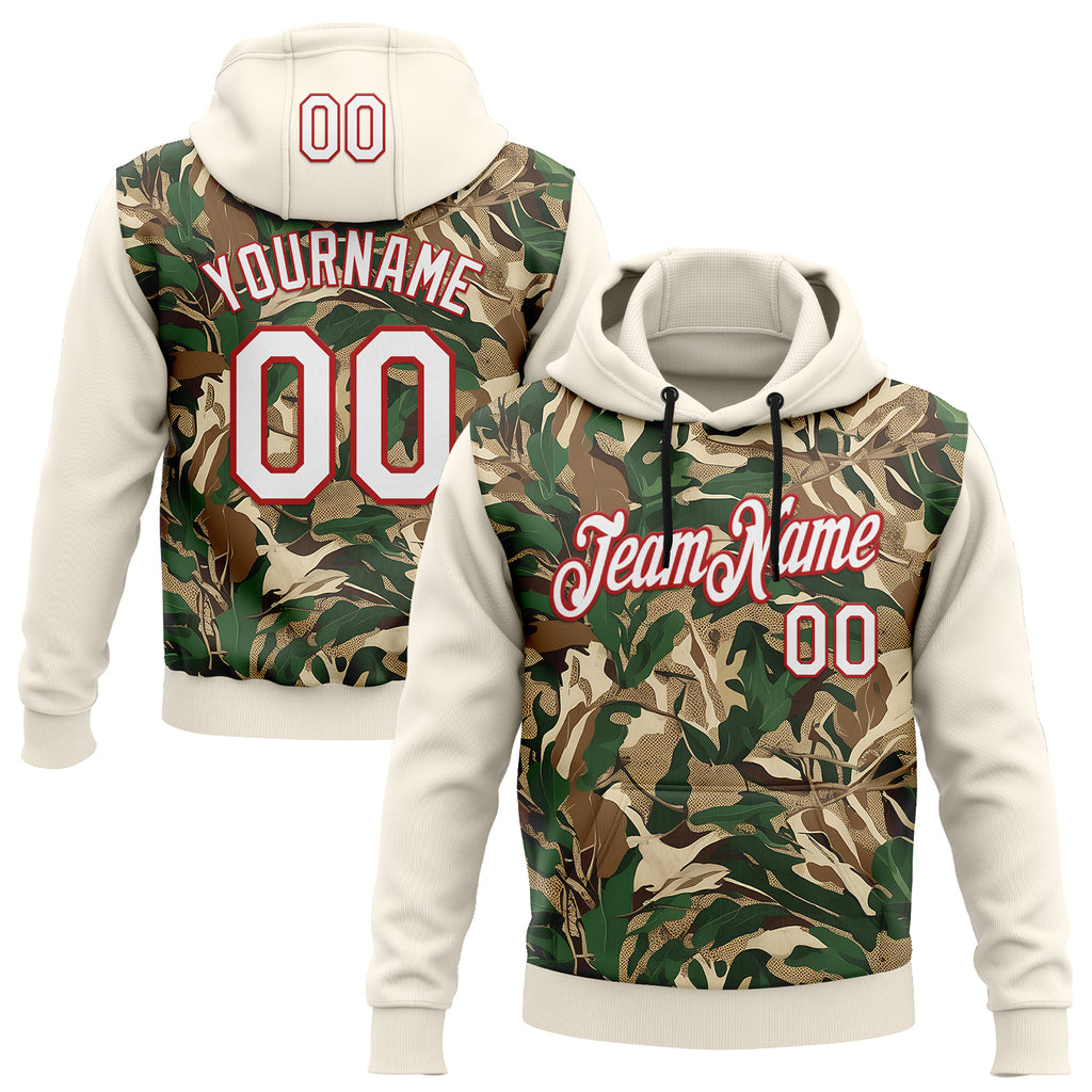 Custom Stitched Cream White-Red 3D Pattern Design Tree Camo Hunting Sports Pullover Sweatshirt Hoodie