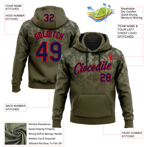 Custom Stitched Olive Navy-Fire Red 3D Pattern Design Tree Camo Gradient Hunting Sports Pullover Sweatshirt Salute To Service Hoodie