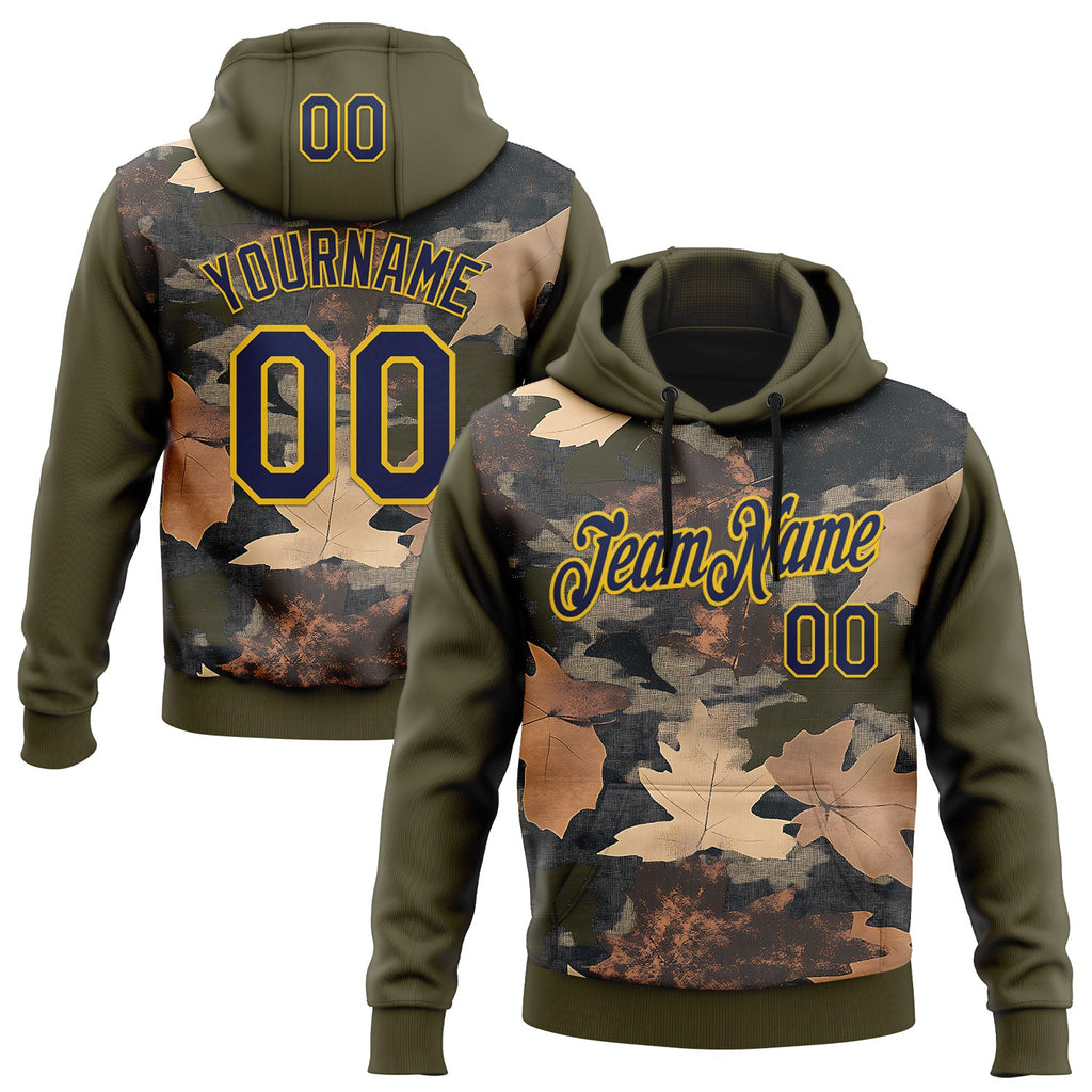 Custom Stitched Olive Navy-Yellow 3D Pattern Design Tree Camo Hunting Sports Pullover Sweatshirt Salute To Service Hoodie