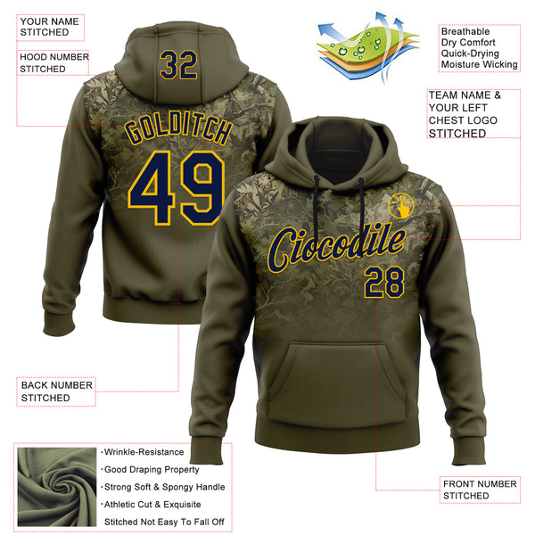 Custom Stitched Olive Navy-Yellow 3D Pattern Design Tree Camo Gradient Hunting Sports Pullover Sweatshirt Salute To Service Hoodie