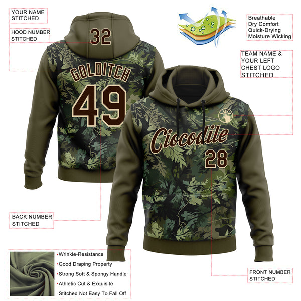 Custom Stitched Olive Brown-Cream 3D Pattern Design Tree Camo Hunting Sports Pullover Sweatshirt Salute To Service Hoodie
