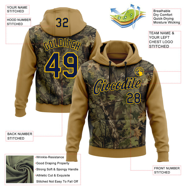 Custom Stitched Old Gold Navy-Yellow 3D Pattern Design Tree Camo Hunting Sports Pullover Sweatshirt Hoodie