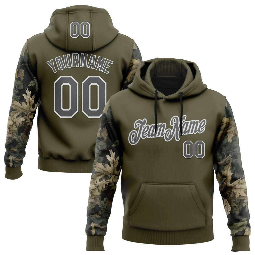 Custom Stitched Olive Steel Gray-White 3D Pattern Design Tree Camo Hunting Sports Pullover Sweatshirt Salute To Service Hoodie