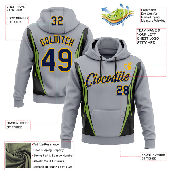 Custom Stitched Gray Navy Black Green-Gold 3D Pattern Design Sportswear Pullover Sweatshirt Hoodie
