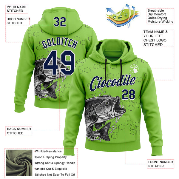 Custom Stitched Neon Green Navy Black-White 3D Pattern Design Sportswear Fishing Pullover Sweatshirt Hoodie