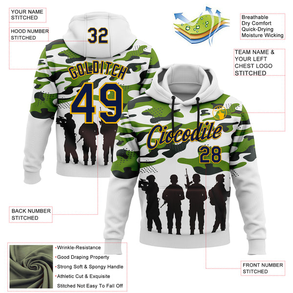 Custom Stitched White Navy Black-Gold 3D Pattern Design Camo Military Sportswear Pullover Sweatshirt Hoodie