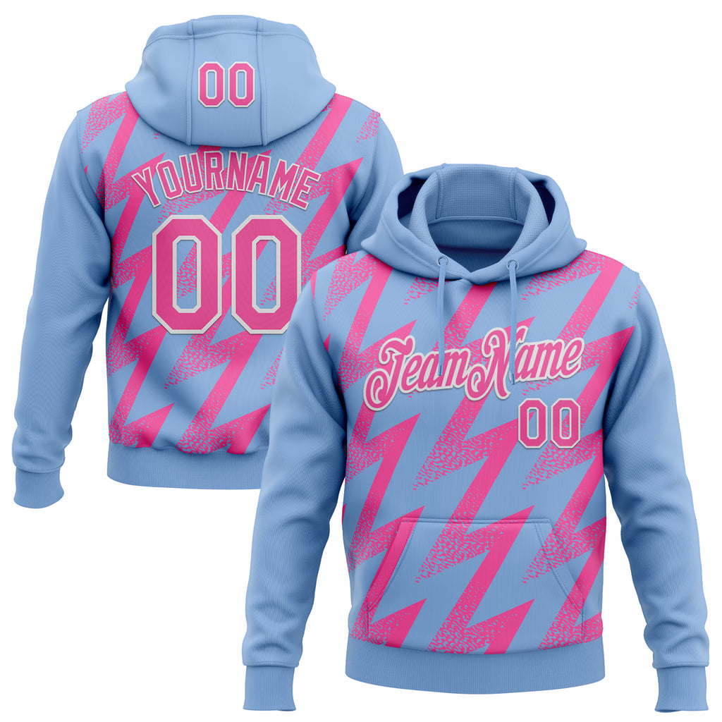 Custom Stitched Light Blue Pink-White 3D Pattern Design Zigzag Shape Sports Pullover Sweatshirt Hoodie