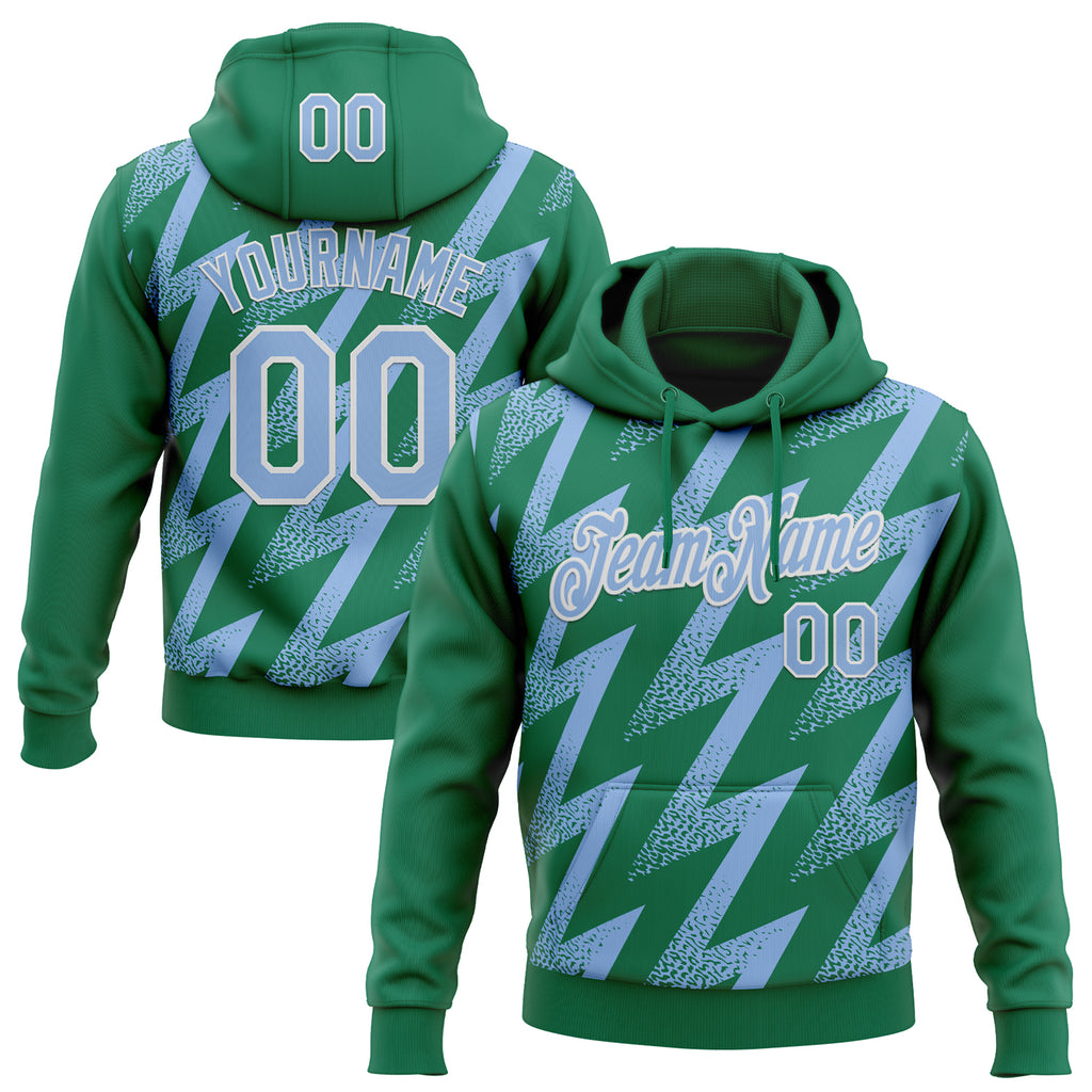 Custom Stitched Kelly Green Light Blue-White 3D Pattern Design Zigzag Shape Sports Pullover Sweatshirt Hoodie