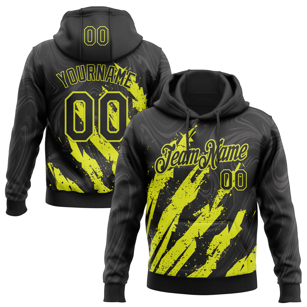 Custom Stitched Black Neon Yellow 3D Pattern Design Splash Sports Pullover Sweatshirt Hoodie