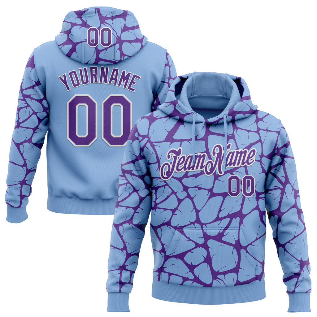 Custom Stitched Light Blue Purple-White 3D Pattern Design Abstract Network Sports Pullover Sweatshirt Hoodie