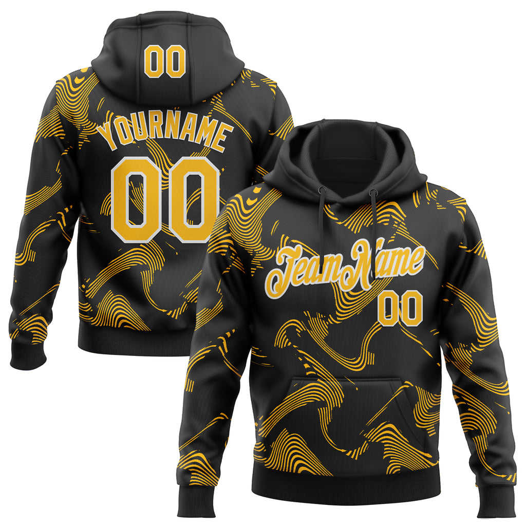 Custom Stitched Black Gold-White 3D Pattern Design Curve Lines Sports Pullover Sweatshirt Hoodie