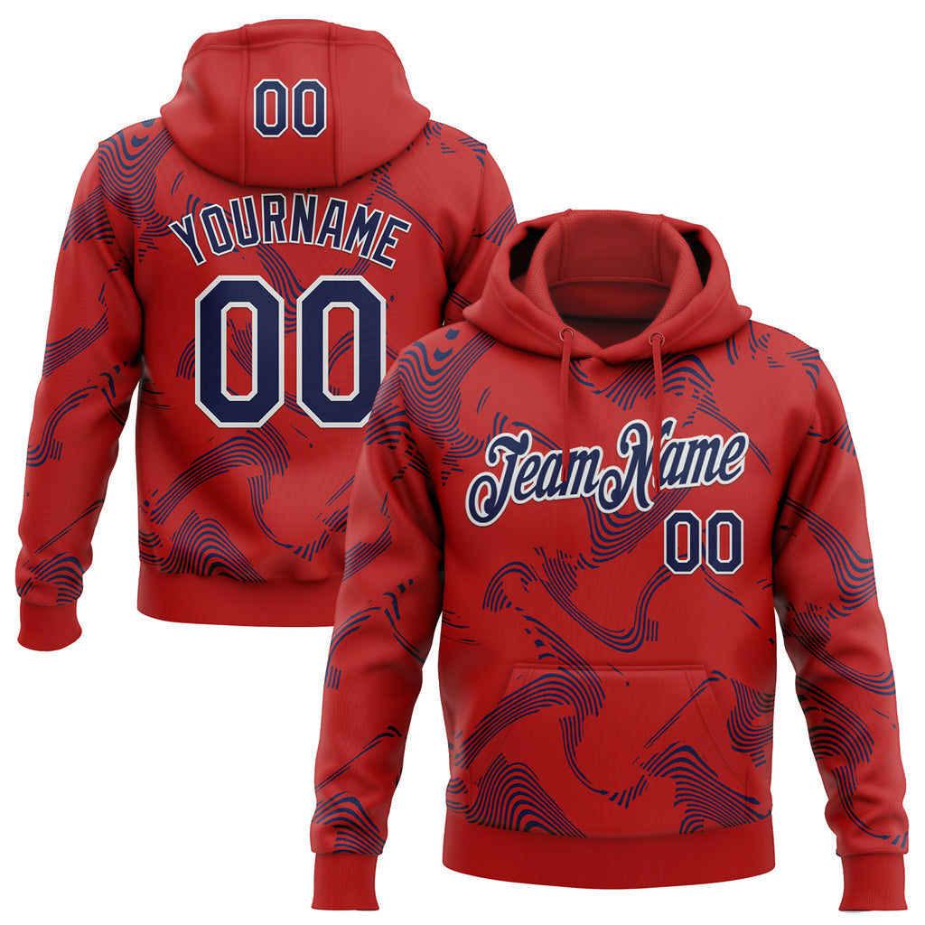 Custom Stitched Red Navy-White 3D Pattern Design Curve Lines Sports Pullover Sweatshirt Hoodie