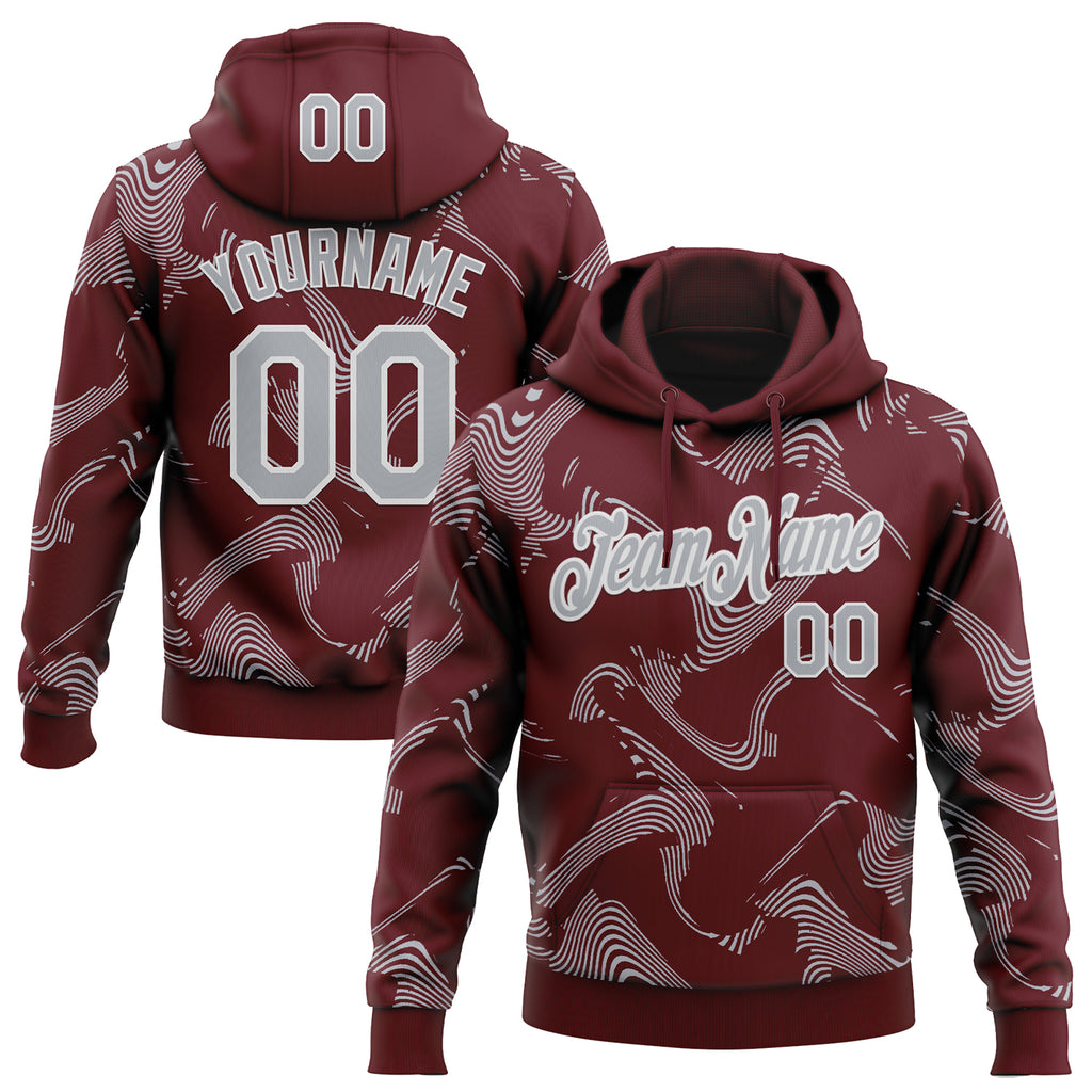 Custom Stitched Burgundy Gray-White 3D Pattern Design Curve Lines Sports Pullover Sweatshirt Hoodie