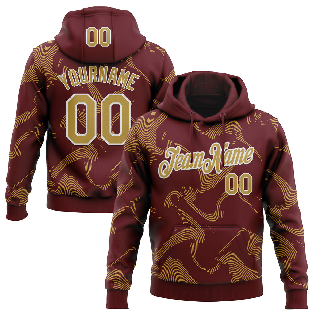 Custom Stitched Burgundy Old Gold-White 3D Pattern Design Curve Lines Sports Pullover Sweatshirt Hoodie