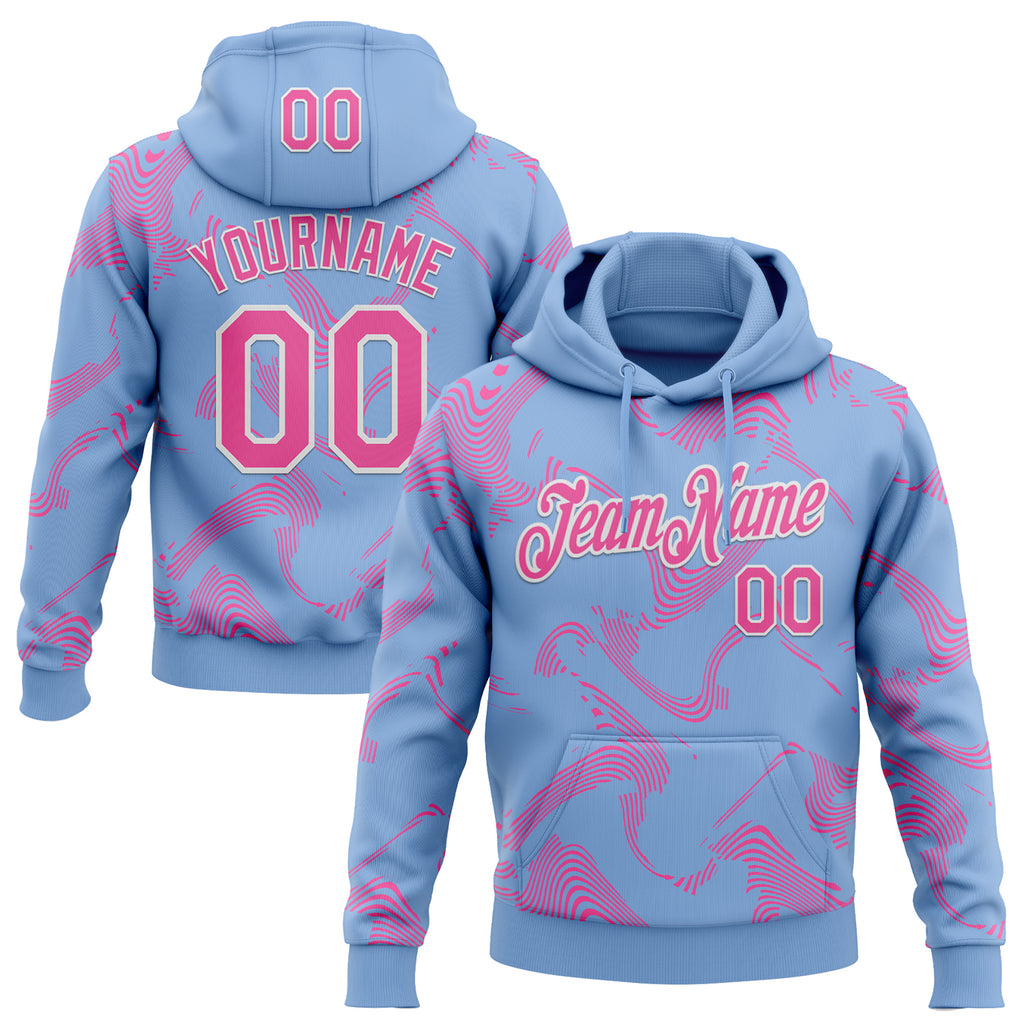 Custom Stitched Light Blue Pink-White 3D Pattern Design Curve Lines Sports Pullover Sweatshirt Hoodie