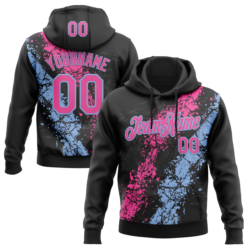 Custom Stitched Black Pink-Light Blue 3D Pattern Design Splash Sports Pullover Sweatshirt Hoodie