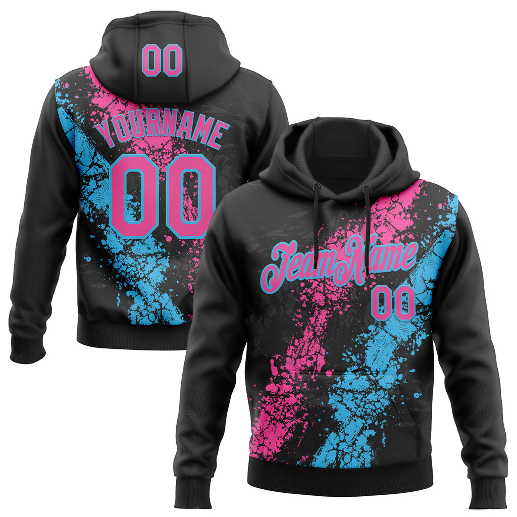 Custom Stitched Black Pink-Sky Blue 3D Pattern Design Splash Sports Pullover Sweatshirt Hoodie