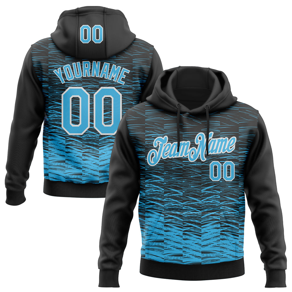 Custom Stitched Black Sky Blue-White 3D Pattern Design Line Sports Pullover Sweatshirt Hoodie