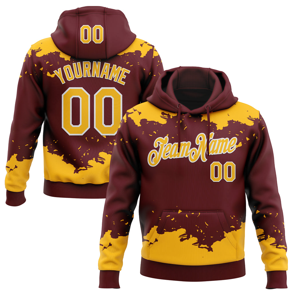 Custom Stitched Burgundy Gold-White 3D Pattern Design Fragment Sports Pullover Sweatshirt Hoodie