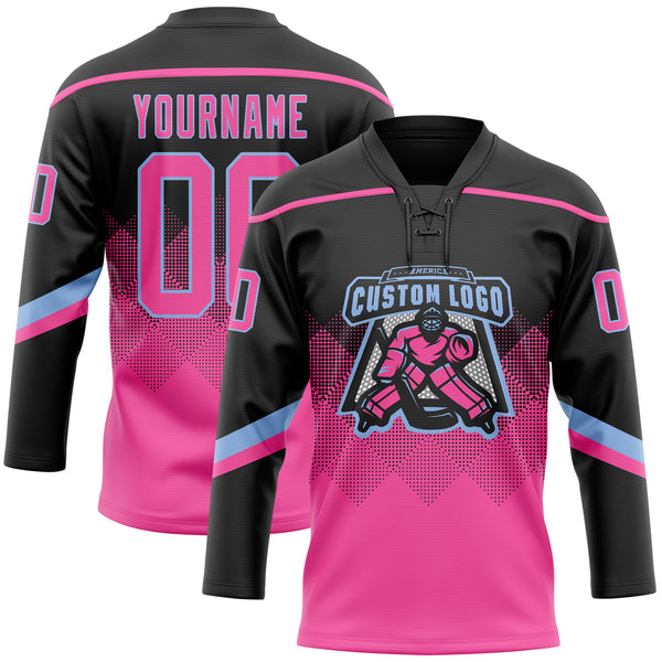 Custom Black Pink-Light Blue 3D Pattern Gradient Square Shapes Hockey Lace Neck Jersey