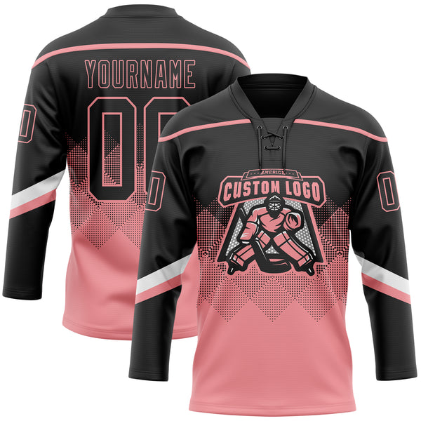 Custom Black Medium Pink-White 3D Pattern Gradient Square Shapes Hockey Lace Neck Jersey