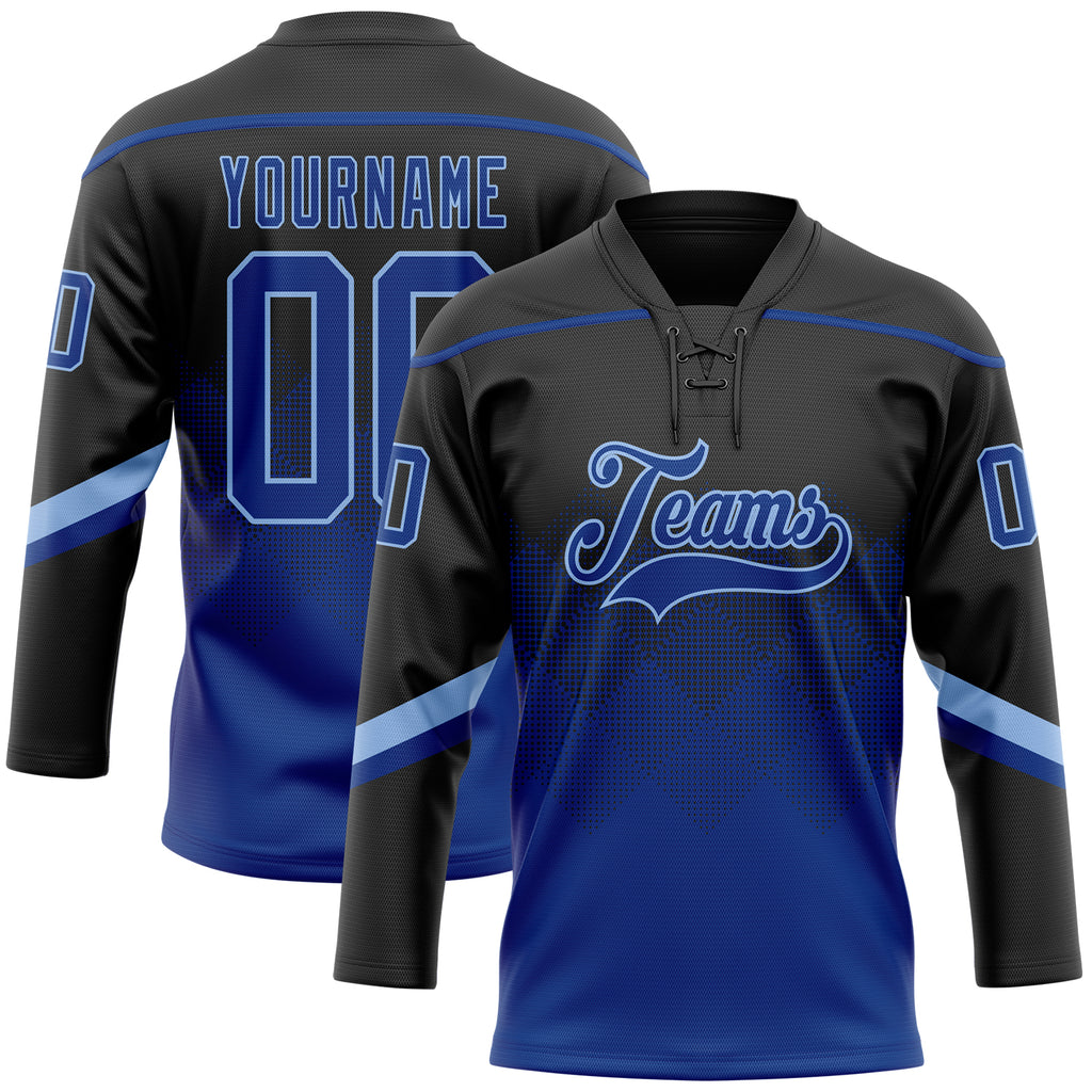 Custom Black Royal-Light Blue 3D Pattern Gradient Square Shapes Hockey Lace Neck Jersey