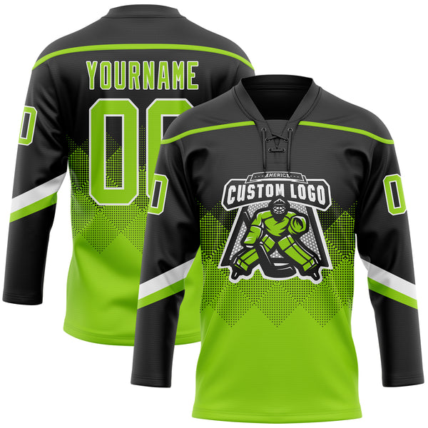 Custom Black Neon Green-White 3D Pattern Gradient Square Shapes Hockey Lace Neck Jersey