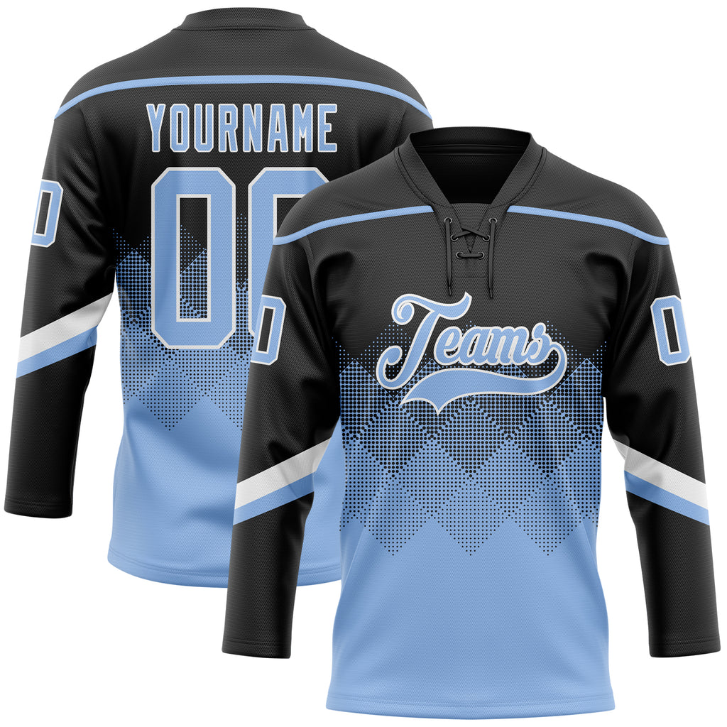 Custom Black Light Blue-White 3D Pattern Gradient Square Shapes Hockey Lace Neck Jersey