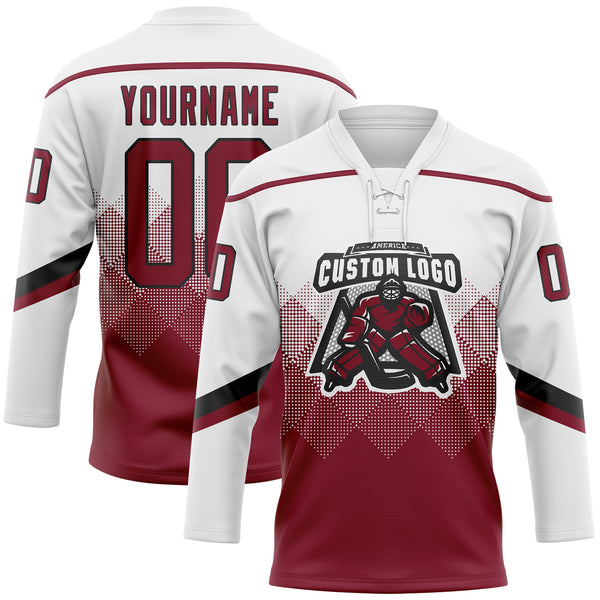 Custom White Crimson-Black 3D Pattern Gradient Square Shapes Hockey Lace Neck Jersey
