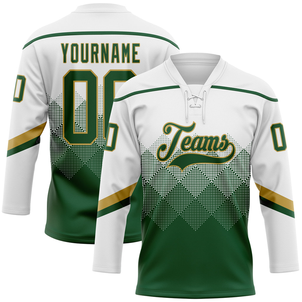 Custom White Green-Old Gold 3D Pattern Gradient Square Shapes Hockey Lace Neck Jersey