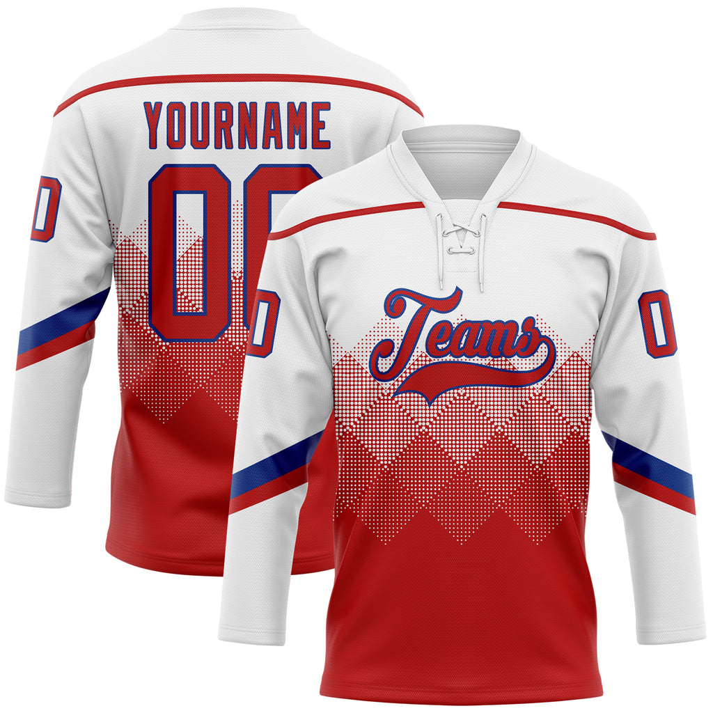 Custom White Red-Royal 3D Pattern Gradient Square Shapes Hockey Lace Neck Jersey