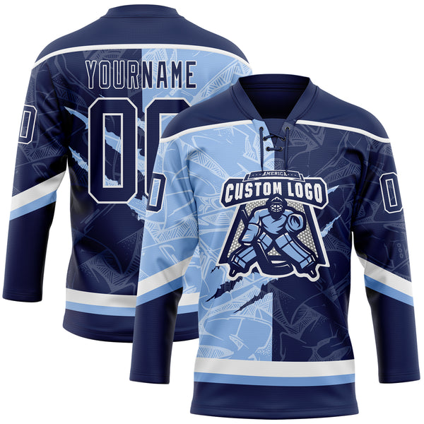 Custom Navy Light Blue-White 3D Pattern Gradient Fashion Scratch Hockey Lace Neck Jersey