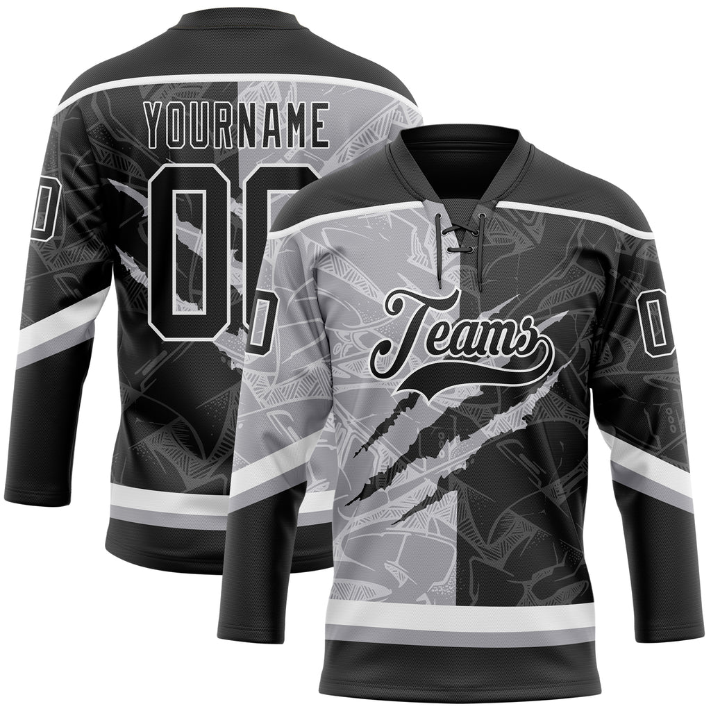 Custom Black Gray-White 3D Pattern Gradient Fashion Scratch Hockey Lace Neck Jersey