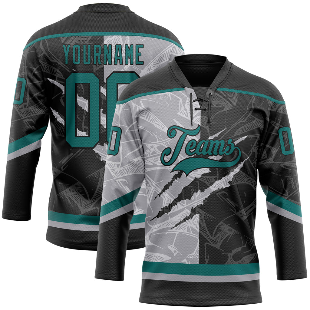 Custom Black Teal-Gray 3D Pattern Gradient Fashion Scratch Hockey Lace Neck Jersey