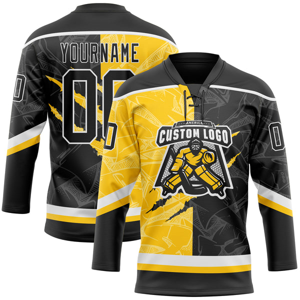 Custom Black Yellow-White 3D Pattern Gradient Fashion Scratch Hockey Lace Neck Jersey