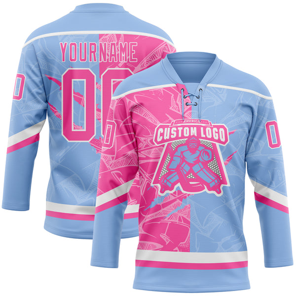 Custom Light Blue Pink-White 3D Pattern Gradient Fashion Scratch Hockey Lace Neck Jersey