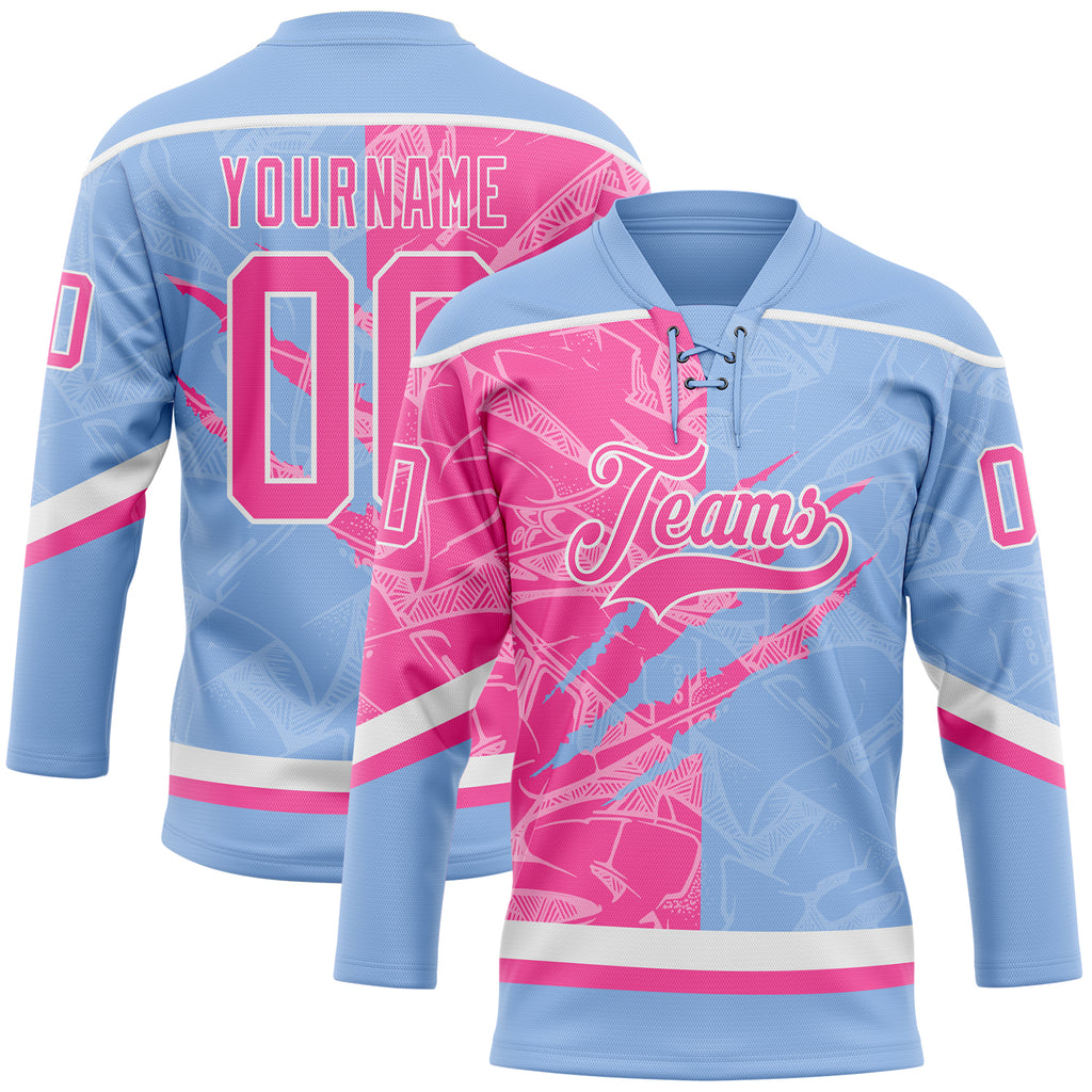 Custom Light Blue Pink-White 3D Pattern Gradient Fashion Scratch Hockey Lace Neck Jersey