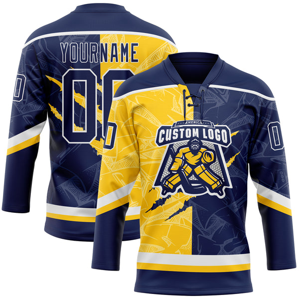 Custom Navy Yellow-White 3D Pattern Gradient Fashion Scratch Hockey Lace Neck Jersey